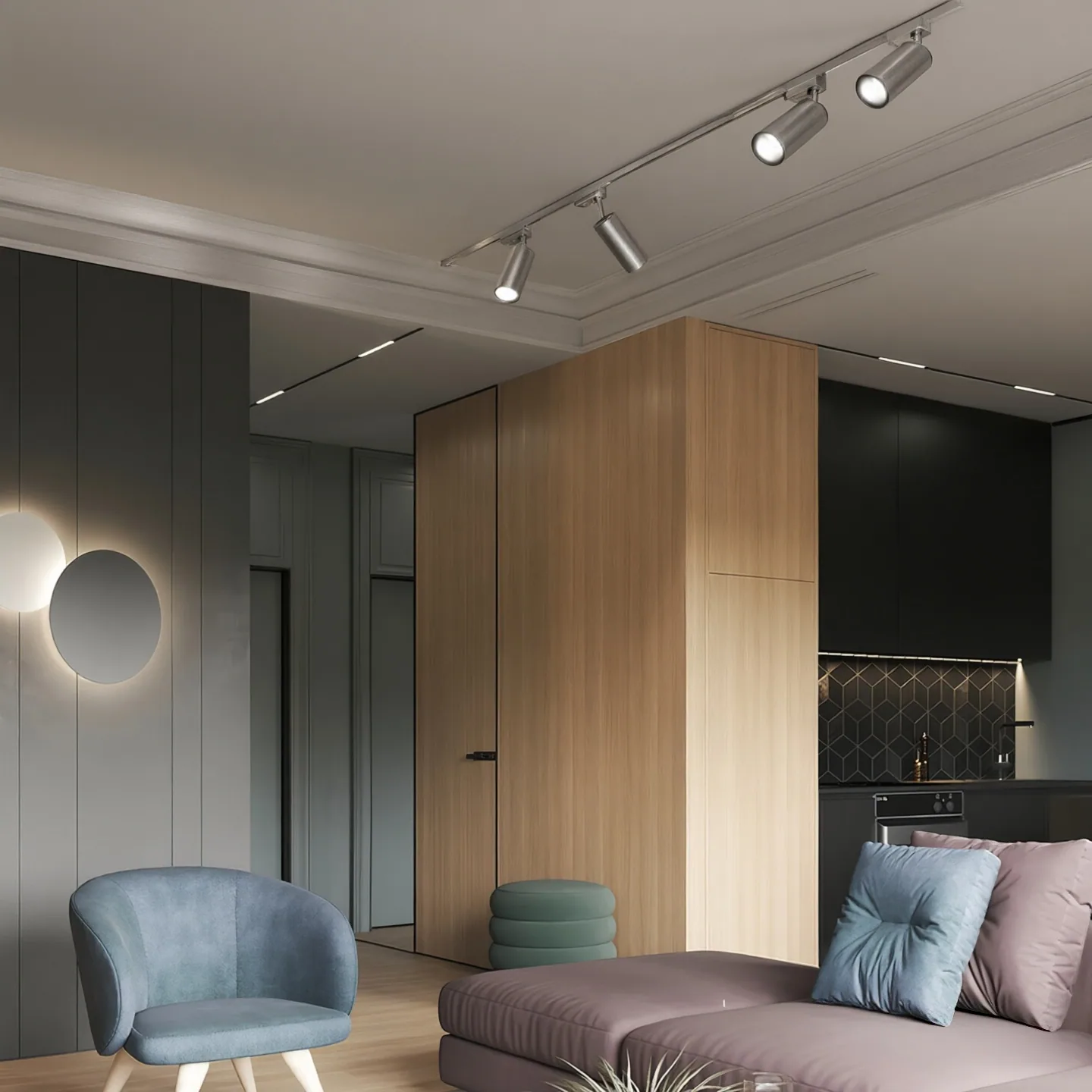 Brushed steel finish 3phase track rail with matching same-finish track luminaires